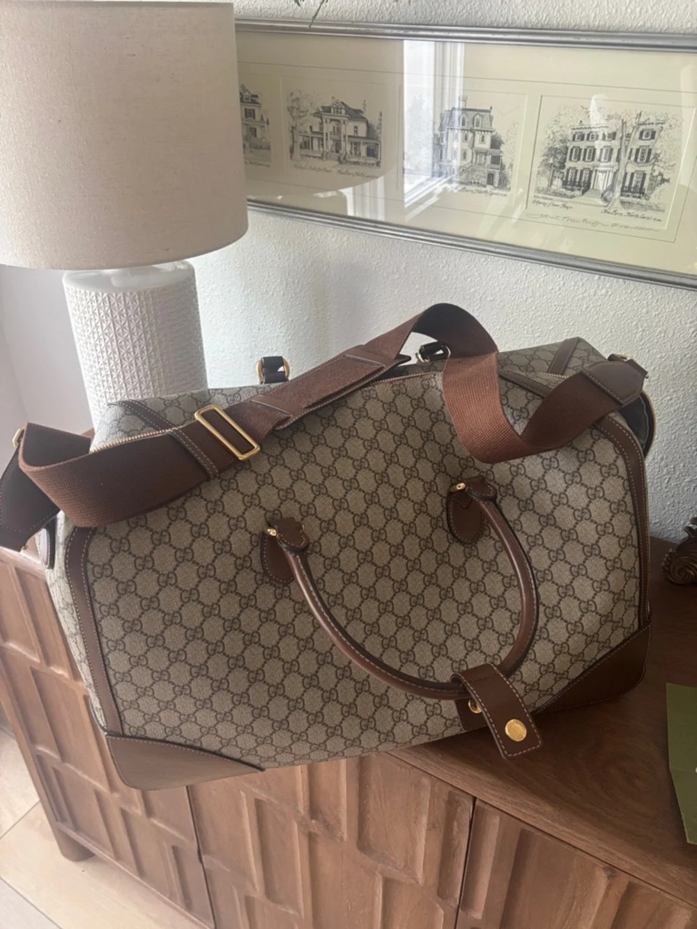 Gucci Beige GG Canvas Duffel with Brown Leather Trim - Picture 5 of 5